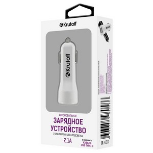 АЗУ Krutoff CCH-01C 2xUSB, 2.1A + кабель USB Type-C (white) - фото 34352